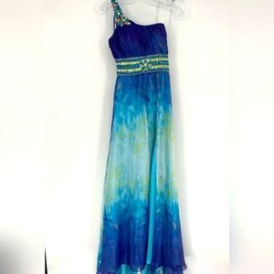 Rina Designer Blue Abstract One Shoulder Sleeve Ruched Beaded Maxi Dress Size 4